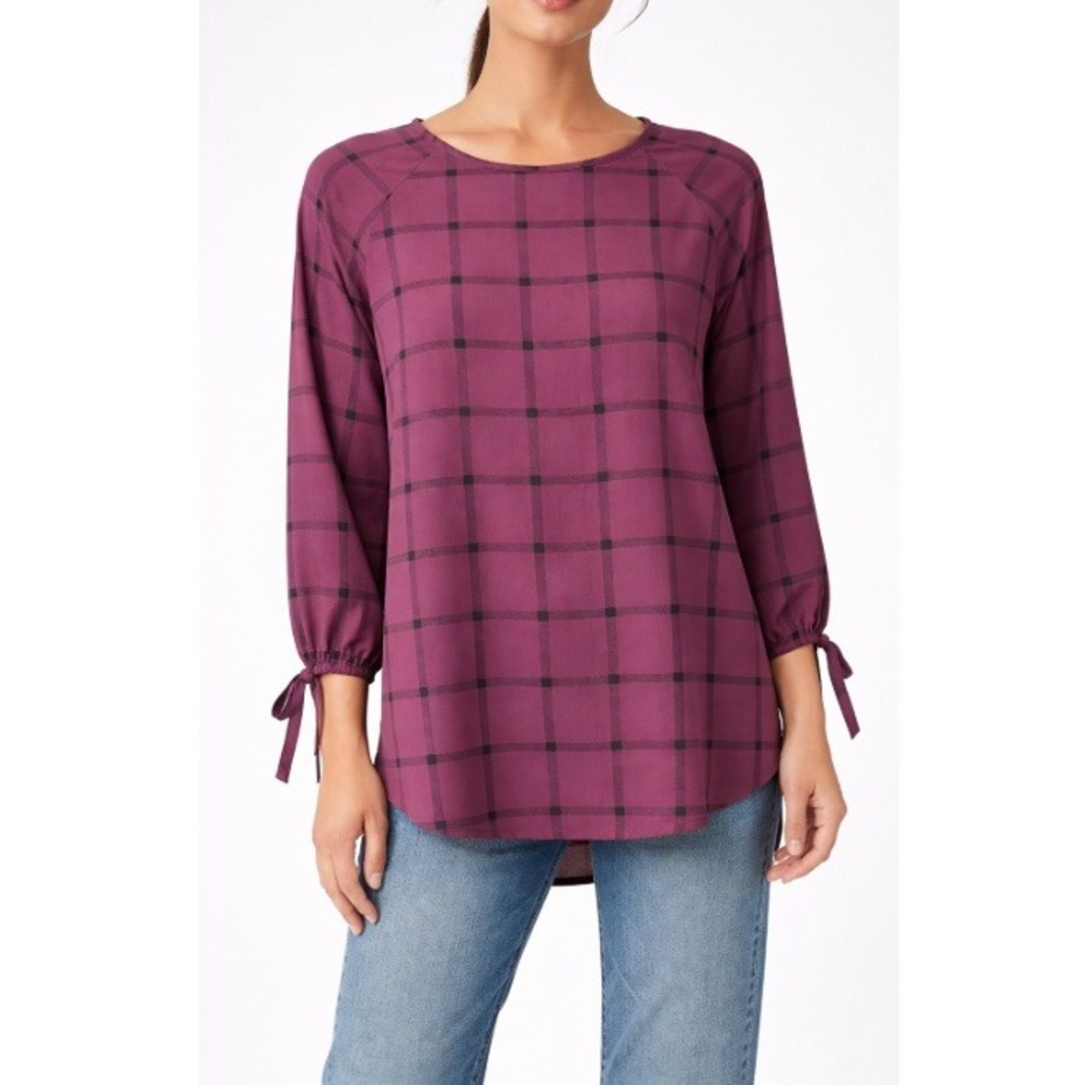 Papermoon Women's Crimson Black Plaid 3/4 Sleeve Blouse With Back Zipper Size M
